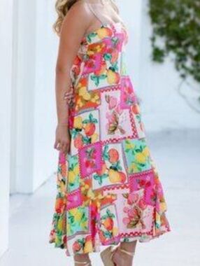 PAPER HEART VIRAL FRUIT PRINT PATCHWORK TIE BACK MAXI DRESS